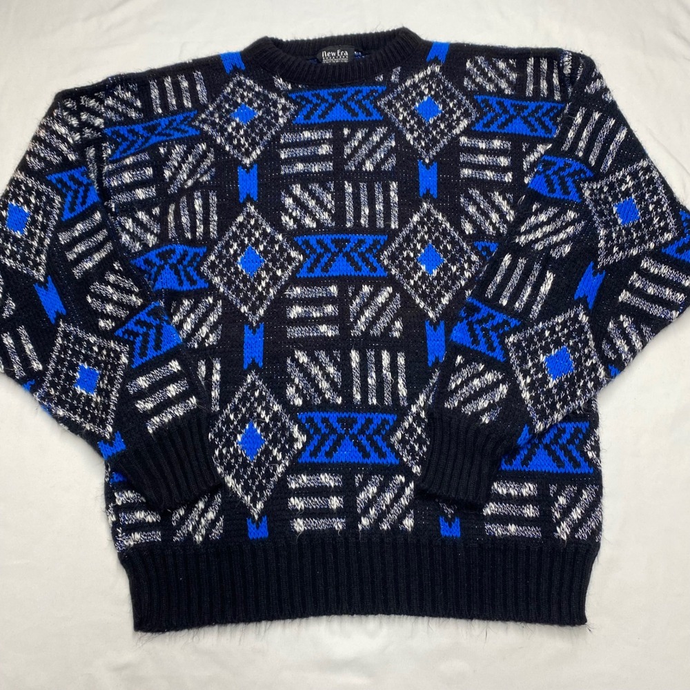 Vintage New Era Geometric Knit Sweater Mens Medium Black Blue Made in USA 80s